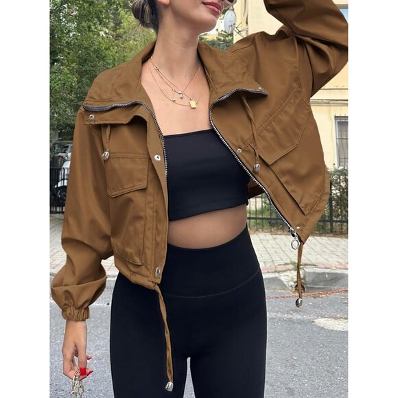 Womens Brown Tankaneo Cropped Jacket Zip Up Oversized Utility Anorak Coat - Picture 3 of 4